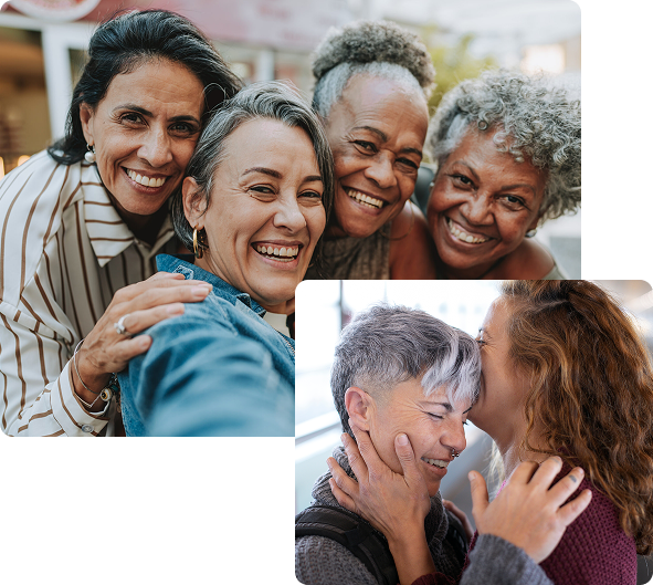 Collage showing a diverse group of older women smiling together and an affectionate couple.