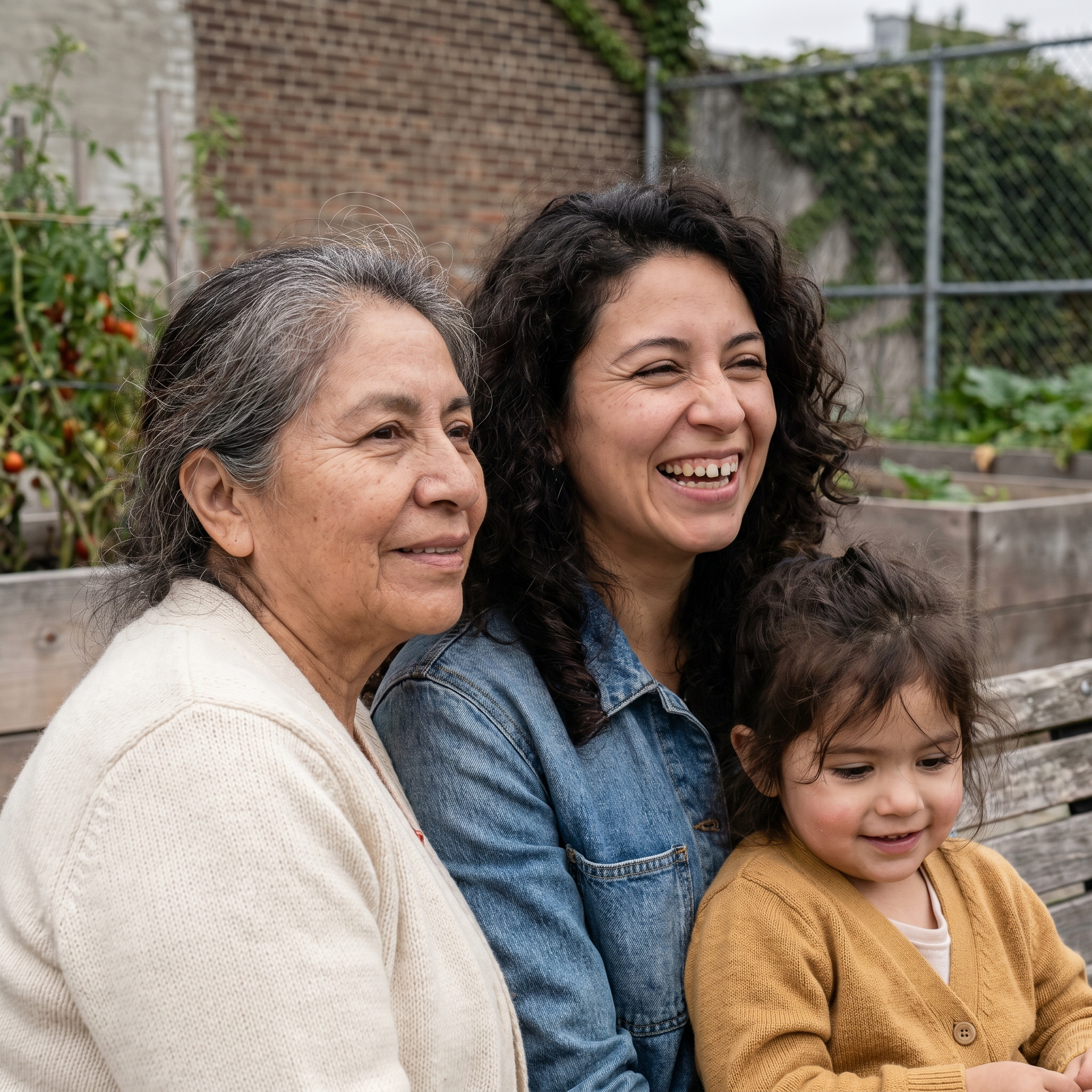 Three generations of a Latina family in a community garden